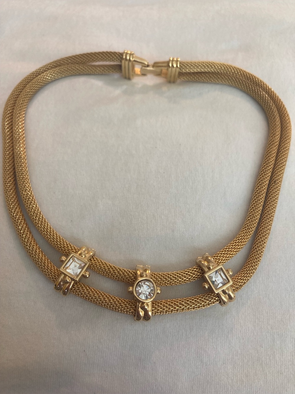 Mesh Gold Tone Vintage Necklace with Clear Stones